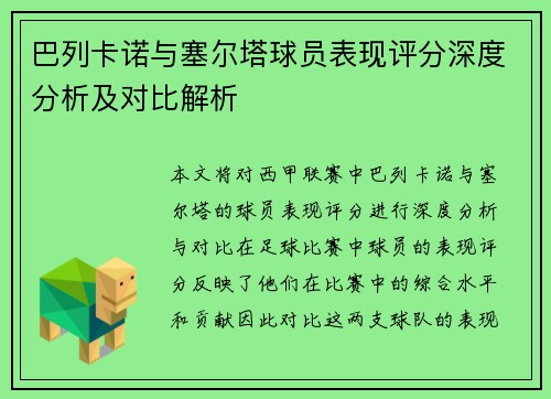 巴列卡诺与塞尔塔球员表现评分深度分析及对比解析